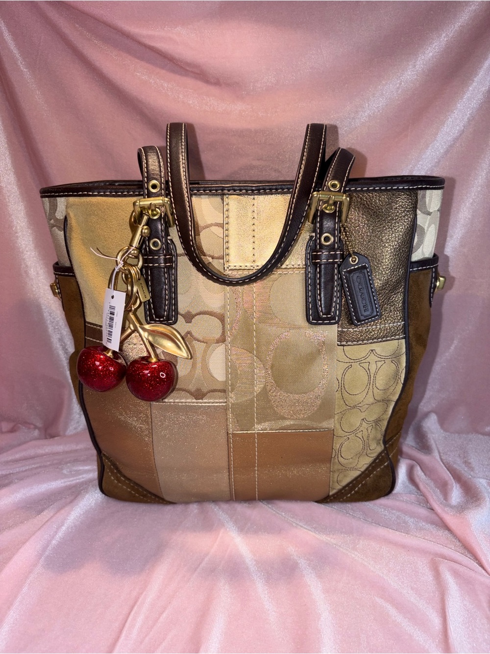 RARE Authentic Vintage Coach Patchwork Tote F11408 + Authentic Cherry Bag Charm